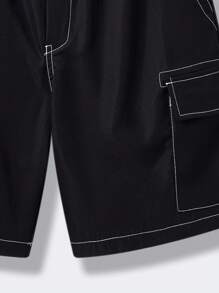 SHEIN Leap Crew Teen Boy's Casual Street Chic Solid Color Straight Cut Loose Shorts, Comfortable For Commuting, School, Casual, Vacation, Sports, Suitable For Spring & Summer - Black - View 7