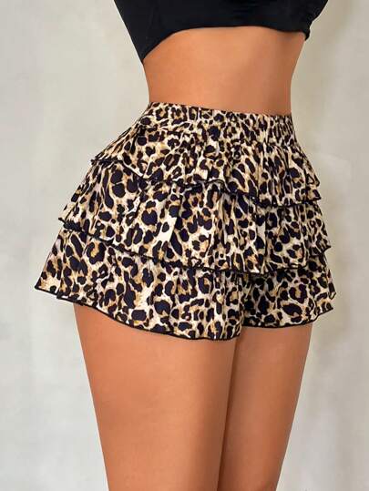 SHEIN SXY Summer Casual Home Leopard Print Ruffle Trim Layered Skorts