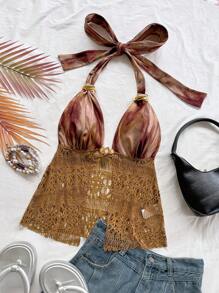 Soleia Parte superior sin mangas con cuello de halter, tejida en tela de malla calada con estampado retro de teñido anudado, con decoración de hebilla metálica y dobladillo en línea A, elegante y sexy para fiestas, citas, festivales, playa, verano