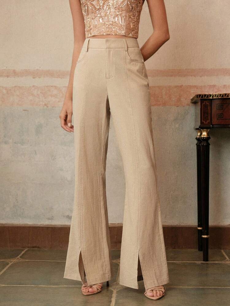 Fashion Modern City Linen Blend Side Split Detail Suit Pants For Women, Spring, Summer
