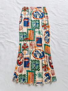 Soleia Women's Resort Beach Casual Coconut Tree, Orange, Lemon Fruit Colorful Print Skirt - Multicolor - View 2