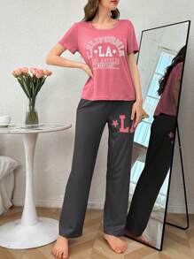 Conjunto de pijama informal con estampado de letras y contraste de color en manga corta y pantalón largo - Multicolor - Ver 3