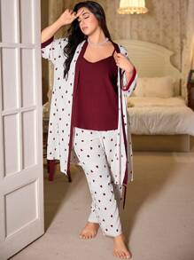 CottageSlumber Plus Size Contrast Color Heart Print Camisole Top And Pants And Robe Pajama Set Holiday Season - Burgundy - View 5