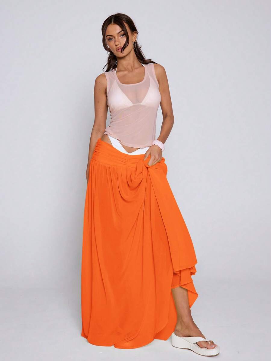 MUSERA Falda larga de gasa de estilo bohemio de tiro bajo para vacaciones de verano en Ibiza, elegante y con estilo - Naranja - Ver 1