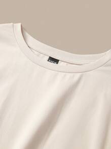 SHEIN BASICS Đầm mini cổ tròn tay ngắn đan màu trơn đơn giản có dây rút bên hông dành cho nữ - Màu Xám nhạt - Xem 3