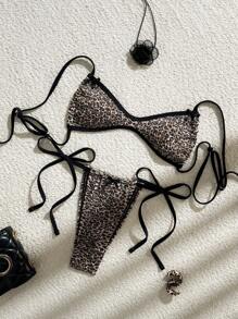 SHEIN Sweetro New Women Leopard Print Bikini Set, Random Pattern, Spaghetti Strap, Small Bow Decor, Backless Top With Tie-Sides Bottom For Summer Beach Vacation
