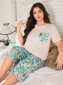 SHEIN Bộ đồ ngủ tay ngắn in họa tiết hoa cỡ lớn dành cho nữ và quần dài 3/4 mùa hè, trang phục - Nhiều màu - Xem 1