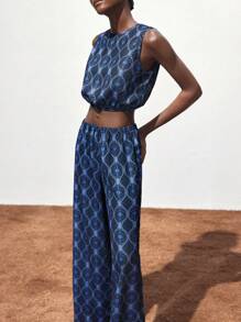 Maija Women 2pcs Set - Round Neck Elastic Hem Blousy Sleeveless Crop Top And Elastic Waist Wide Leg Pants, Casual Chic, Beach Vacation Style, Office Outfit Women Summer Clothing Women 2 Pieces Outfits Hawaii Outfits Women Christmas Clothes Boho Women Clothing - Blue - View 4