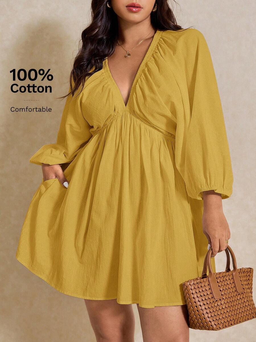 Elaquor 大码女式深V领灯笼袖纯色连衣裙