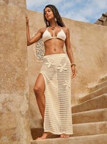 Swim Chiccia 女士休闲 3D 钩针花卉装饰镂空透视网眼背心和高开衩沙滩裙套装，优雅适合春夏度假、海滩游泳度假 - 米色 - 查看 2