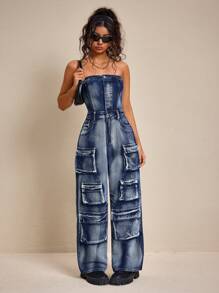 SHEIN ICON 女士 Street Carpockets 露背抹胸牛仔连体裤 - 藏蓝色 - 查看 4