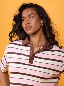 MISSGUIDED Retro Striped Rugby Polo Tee Preppy Collared Short Sleeve Summer Casual Sporty Vintage Athletic Tennis Shirt Spring Basic Essential Top - Green - View 5