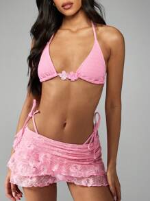 MISSGUIDED Triangle Bikini Set With Flower Trim Ruched Lace Cover Up Halter Neck Swimsuit Three Piece Resort Vacation Pool Beachwear With Side Ties - Pink - View 8