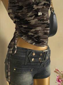 Attitoon Vintage Casual Style Olive Green Camo Allover Print Women's Ruched Tie Front Bandeau Top, Retro Vibe, Vacation Style, Sexy, Cute, Y2K Coconutgirl Boho, Music Festival, Suitable For Summer Girls Trip Back To School
