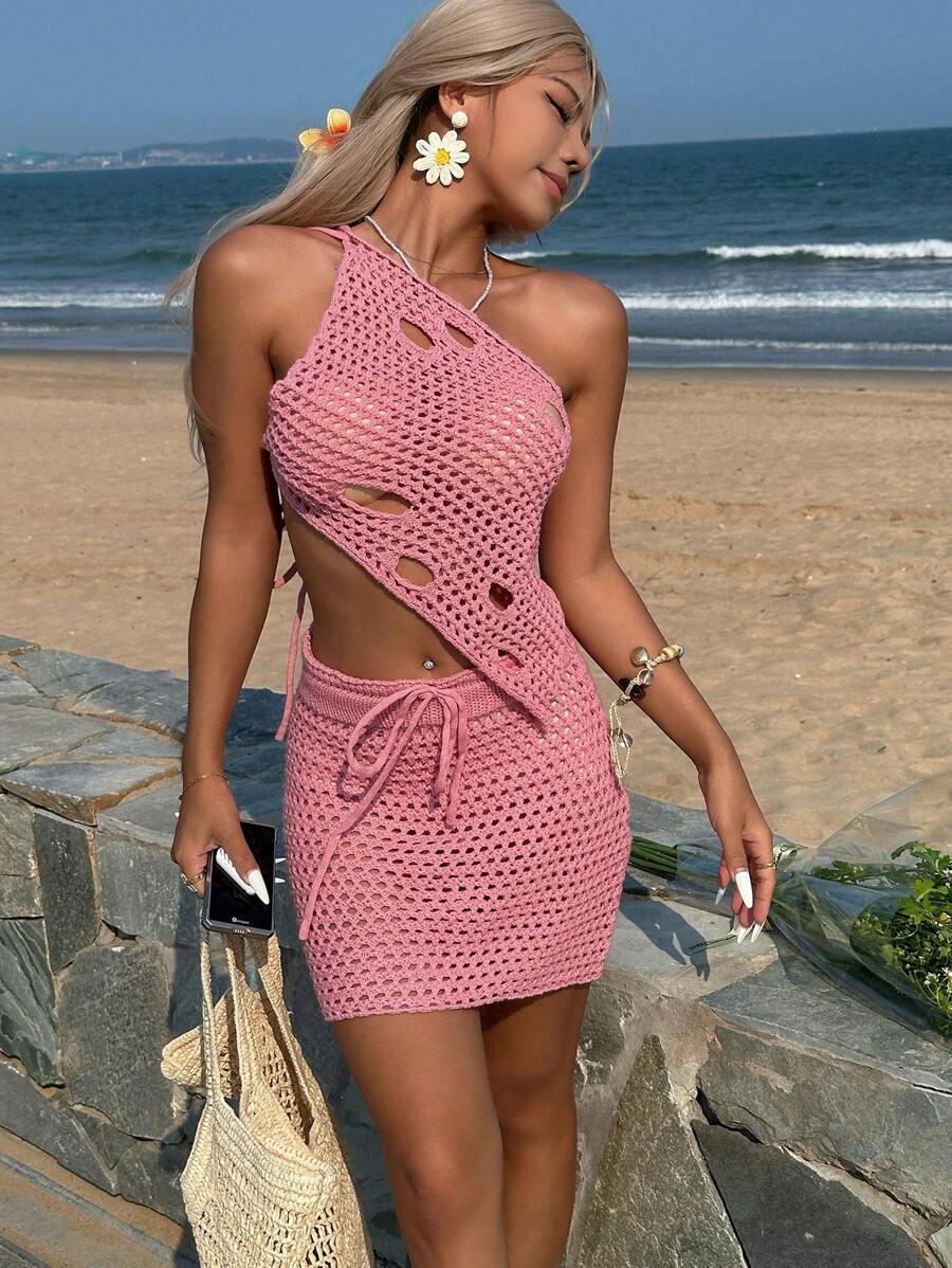 Women's 2pcs Vacation Solid Cutout Asymmetric Hem Sleeveless Cover Up And Maxi Skirt Set For Summer - Hot Pink - View 1