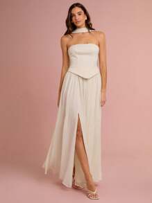 Enchnt Váy maxi công chúa ống chéo lưng xếp ly viền kem màu trắng lãng mạn mùa xuân/hè dành cho nữ kèm ruy băng, ngọt ngào và thanh lịch cho kỳ nghỉ, ngày lễ, ngày lễ, tiệc tùng, lễ tốt nghiệp và khách dự tiệc cưới, bãi biển và tiệc tối, váy dạ hội, váy mùa hè cho nữ, váy chống nắng cho nữ, quần áo mùa hè, váy thanh lịch cho tiệc tùng - Màu be - Xem 6