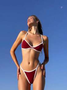 Swim Vcay 2 件性感女式撞色系带泳衣上衣和丁字裤套装，带铆钉细节，红色比基尼套装 - 紅白色 - 查看 1