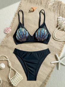 Soleia Bộ bikini thêu hạt ngọc trai cổ chữ V màu đen cho nữ, đi nghỉ - màu đen - Xem 1