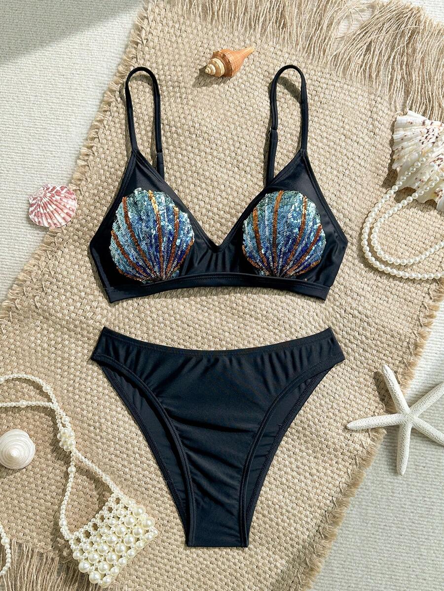 Soleia Bộ bikini thêu hạt ngọc trai cổ chữ V màu đen cho nữ, đi nghỉ - màu đen - Xem 1