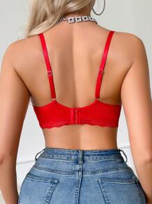 Romantyczny koronkowy, patchworkowy, wygodny, jednolity kolor, plisowany biustonosz bez fiszbin, ramiączka spaghetti - Czerwony - Zobacz 2