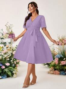 SHEIN Belle 女士优雅褶皱蕾丝拼接喇叭袖连衣裙，前系带腰带，后腰收腰 A 字形 - 紫色 - 查看 5