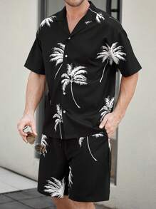 Manfinity RSRT Men's Coconut Tree Print Shirt & Shorts Set - Black - View 1