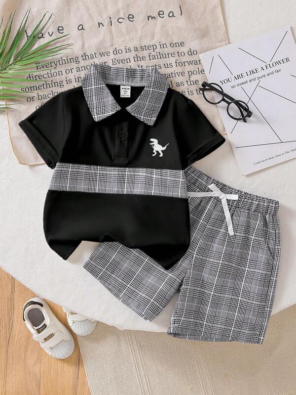 Neuer einfacher Britischer Stil für den Sommer, kariertes Poloshirt-Top + karierte weite Shorts, legeres Preppy-Outfit für Kleine Jungen, Schuluniform