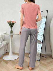 Conjunto de pijama de manga corta con bloqueo de color y estampado de letras informal - Multicolor - Ver 2