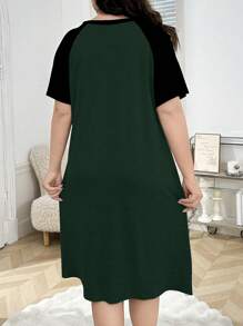 SHEIN Áo ngủ tay raglan in chữ cỡ lớn màu tương phản thường ngày - màu xanh lá - Xem 2