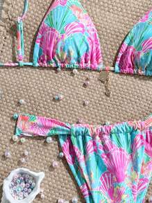 SHEIN Swim 女士夏季度假热带植物印花性感比基尼套装，露背，分体夏季 - 彩色 - 查看 4