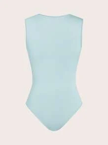 SHEIN BASICS 女士休闲无袖纯色紧身衣，夏季 - 藍色 - 查看 2