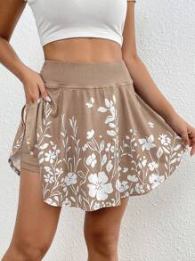 SHEIN Essnce Women's Summer Summer Outfits Casual Solid High Waist Skort With Phone Pocket Minimalist Flower Printed Shorts With Pockets Shorts Inside Out Back To School Outfits