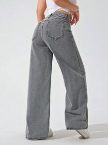 Women's Casual Washed Angled Pocket Wide Leg Baggy Jeans