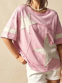 Bohemela 大码夏季休闲拼色星星贴花T恤 - 彩色 - 查看 5