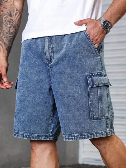 Manfinity Homme Plus Size Men's Multi-Pocket Denim Shorts Pajama Set Hang Out Going Out Tropical Vacation Street