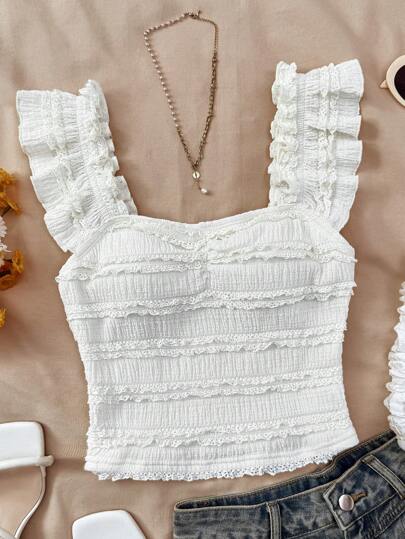 SHEIN Teen Girl White Lace Cap Sleeve Blouse, Textured Slim Fit Vacation Lace Blouse, Suitable For Afternoon Tea, Beach Holiday, Summer