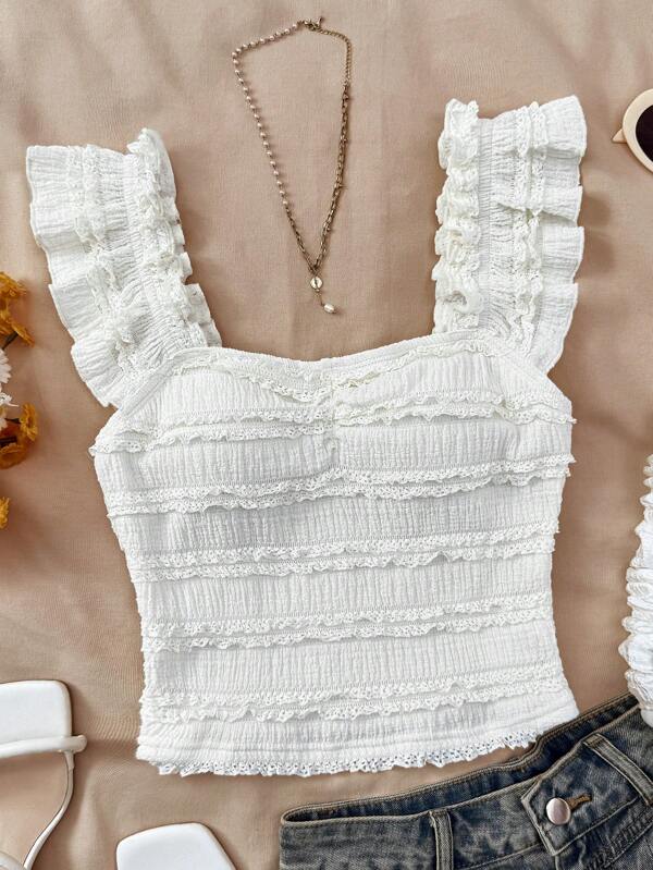 SHEIN Blusa de encaje blanca de manga corta con cuello de adolescente, blusa de encaje de ajuste ceñido texturizada, adecuada para tomar el té por la tarde, vacaciones en la playa, verano