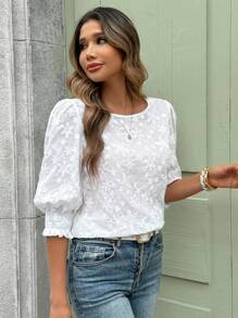 SHEIN Clasi Women's Round Neck 3/4 Sleeve Embroidered White Cotton Casual Shirt For Spring/Summer - White - View 4