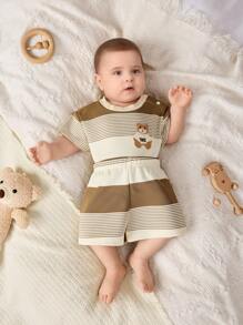 Cozy Pixies Newborn Baby Boy/Girl Cartoon Bear Pattern Knit Soft Crew Neck Short Sleeve Top And Elastic Waist Shorts 2 Pieces Set - Apricot - View 3