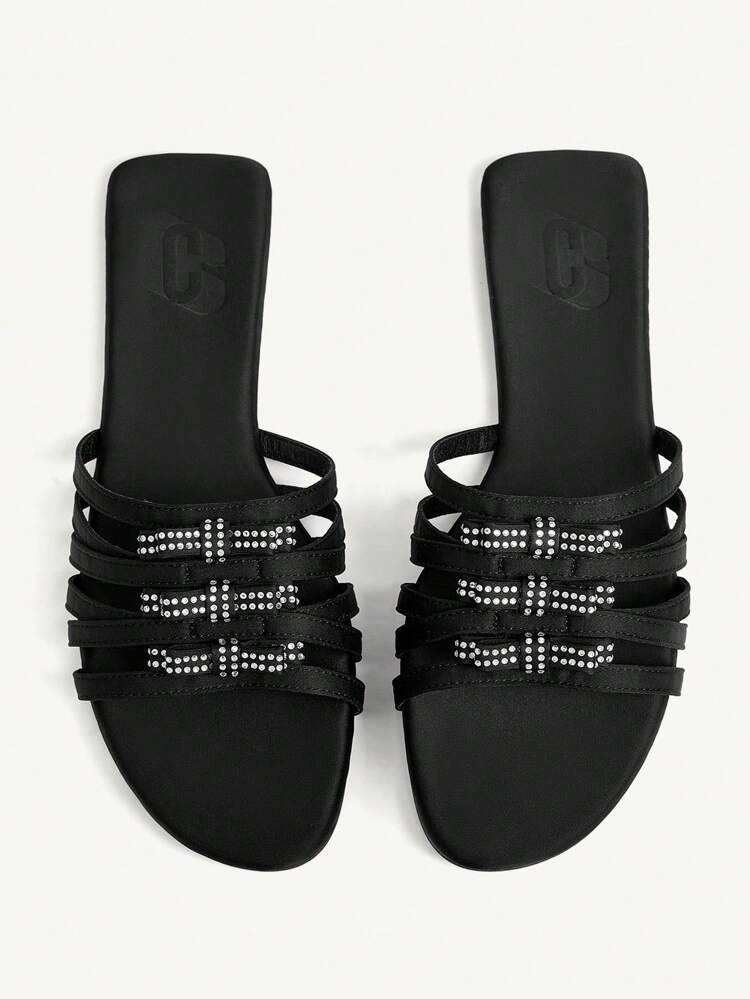 CUCCOO CHICEST Women's Shiny Rhinestone Bow Decor Multi-Strap Round Toe Flat Elegant Casual Black Sandals,Slip-On Flat Beach Shoes,Suitable For Vacation, Hawaii Island Style