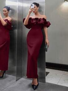 RueChic Women Satin Detailed Off Shoulder Ruffle Split Back Dress - Burgundy - View 4