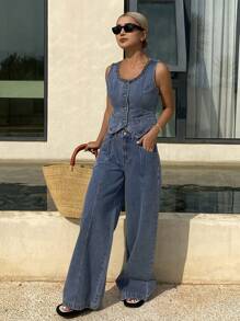 Livesso Summer New Loose Casual Denim Music Festival Women Denim Outfit - Blue - View 1