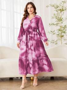 Modelyn Women Plus Size Long Sleeve Tie Dye Waist Flattering Midi Dress - Purple - View 4