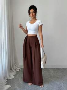 Elenzga Women's Elegant Everyday Pleated Tie Asymmetrical Coffee Color Suit Pants
