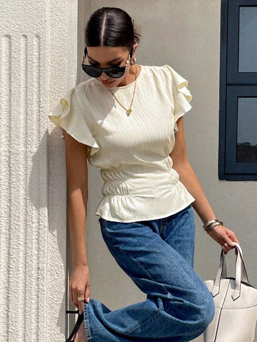 Siren Gaze 女式休闲纯色盖袖收腰衬衫，夏季