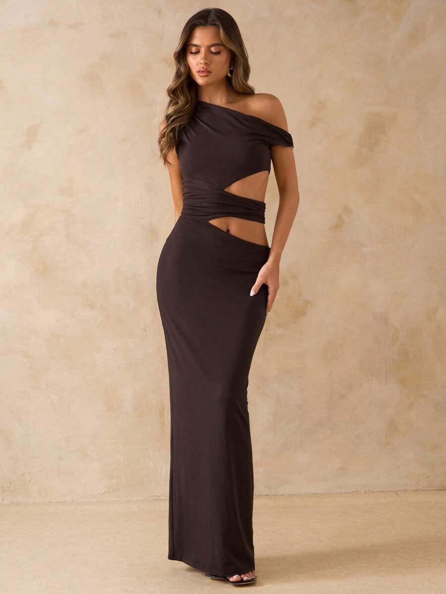 SHEIN BAE Women's Elegant Asymmetric Metal Embellished Maxi Dress,Suitable For Party Gatherings And Daily Commuting Wear, Vacation Outfits Woman,Summer Dress Vacation,Summer Dresses For Women,Tea Party Dress - Brown - View 1