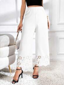 Firerie Pantalones de pierna ancha con cintura elástica y corte láser de unicolor para mujeres