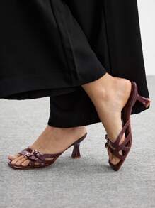 CUCCOO BIZCHIC 闪亮水钻装饰尖头细高跟鞋，透明 PVC 材质，女士性感优雅夜店派对高跟鞋 - 酒紅色 - 查看 4