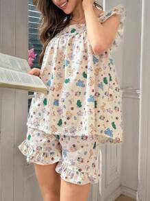SHEIN 卡通动物印花荷叶边下摆上衣和短裤睡衣套装 - 彩色 - 查看 4