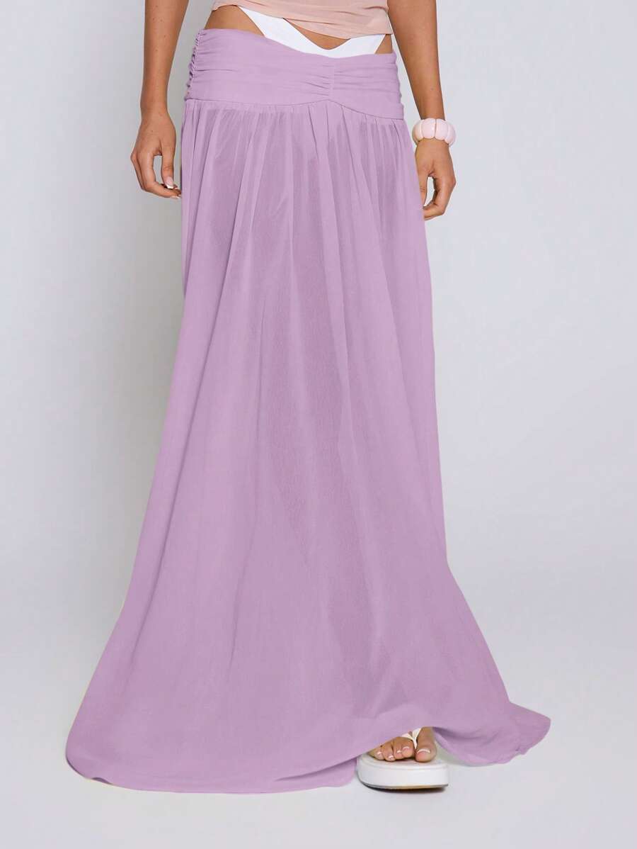 MUSERA Chân váy maxi voan dáng rộng cạp thấp phong cách Boho, thích hợp cho kỳ nghỉ hè ở Ibiza, lễ Phục sinh. - Màu tím hoa cà - Xem 1